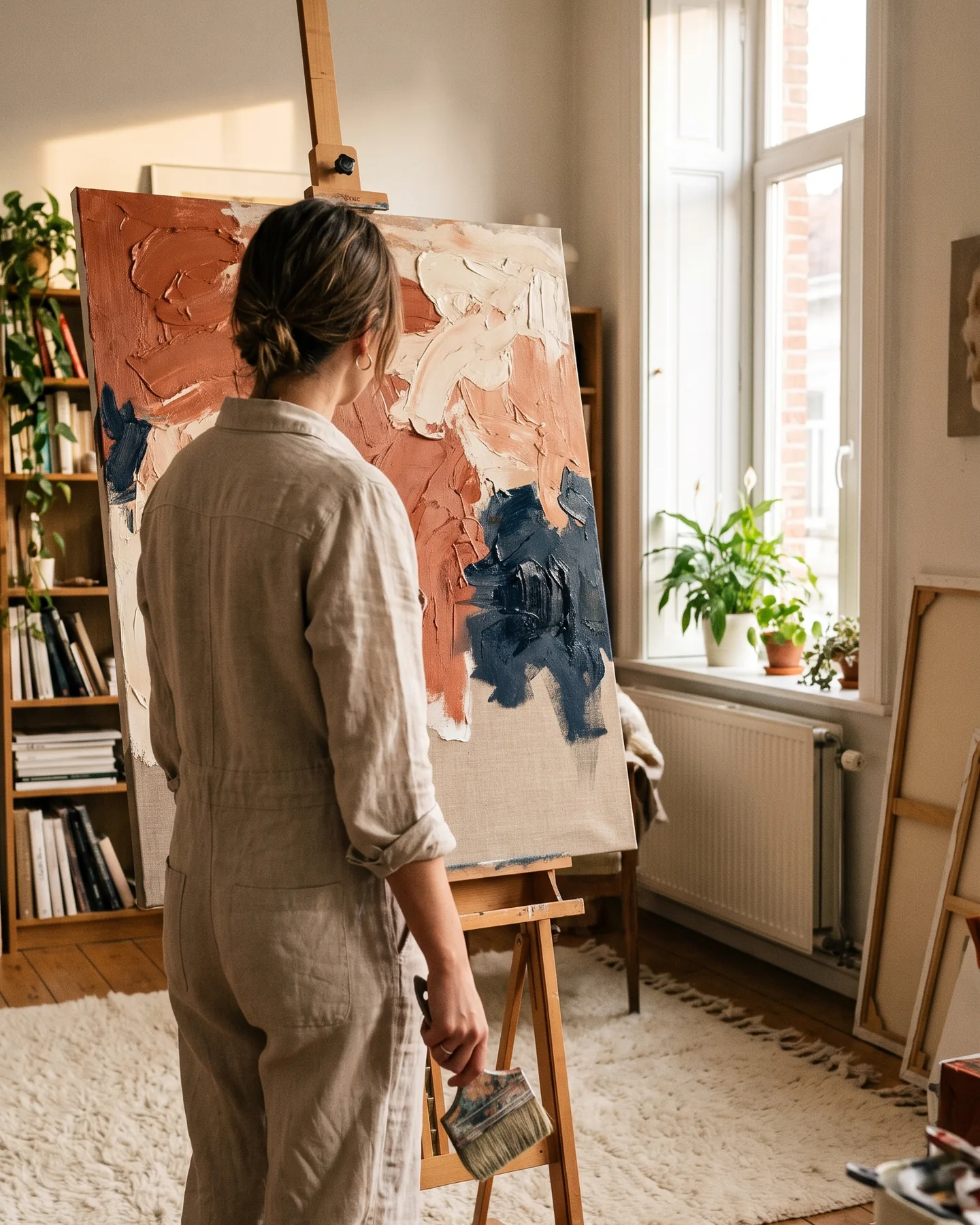 Un atelier de peinture, une grande toile en cours au fond