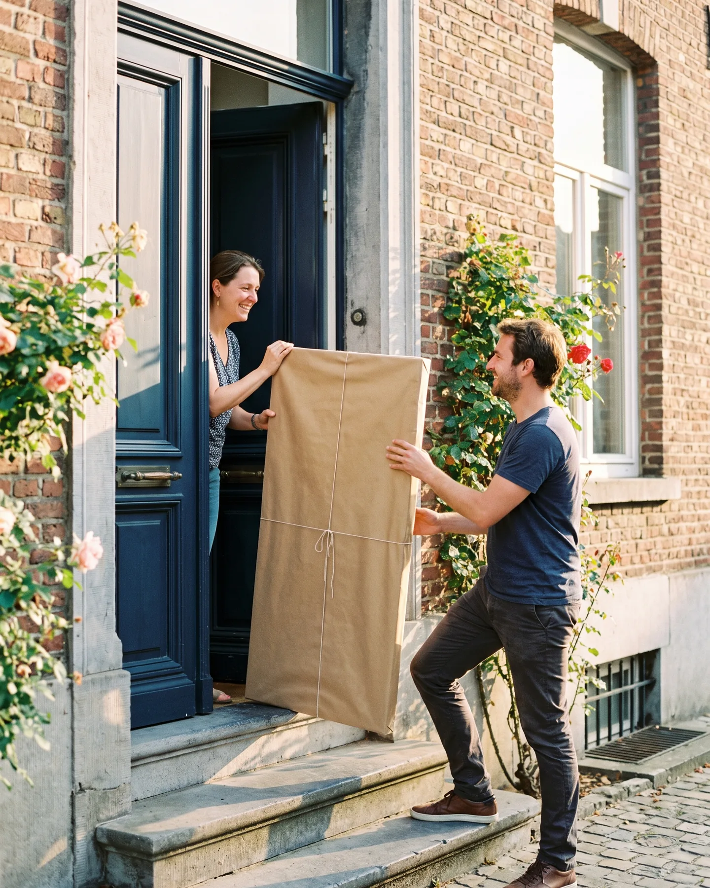 Une toile remise en main propre sur le perron d'une maison